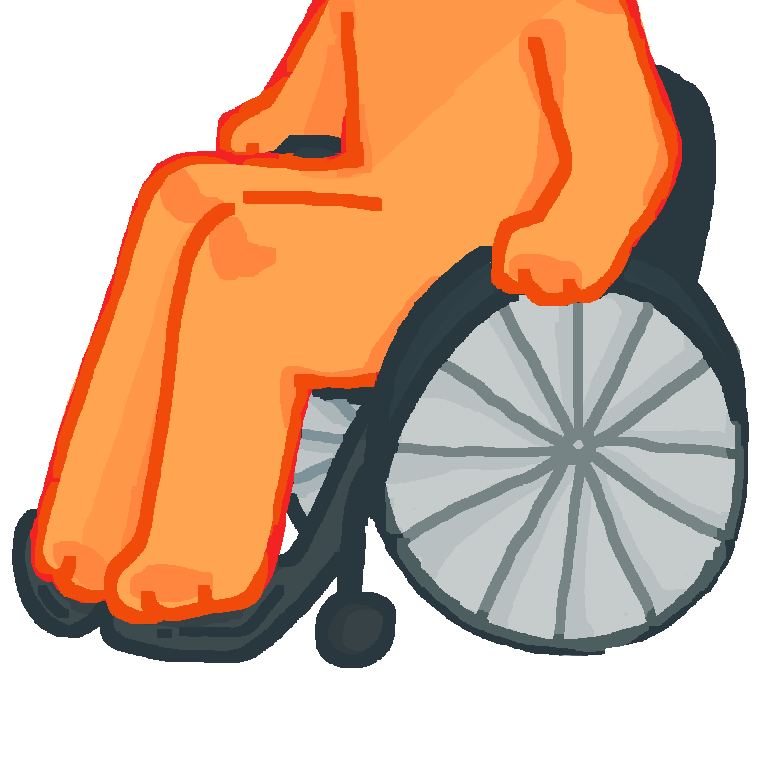 A stylized drawing of a yellow person sitting in a dark gray manual wheelchair. The drawing of the yellow person is cut off at the middle chest area.